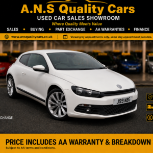 2010 Volkswagen Scirocco 2 litre TSI GT 3 Doors, White, 93k mileage, AA Warranty & Breakdown Included