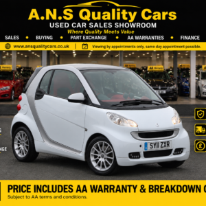 2011 Smart For Two 999cc Petrol Automatic Passion spec, 54k Mileage, White, AA Warranty