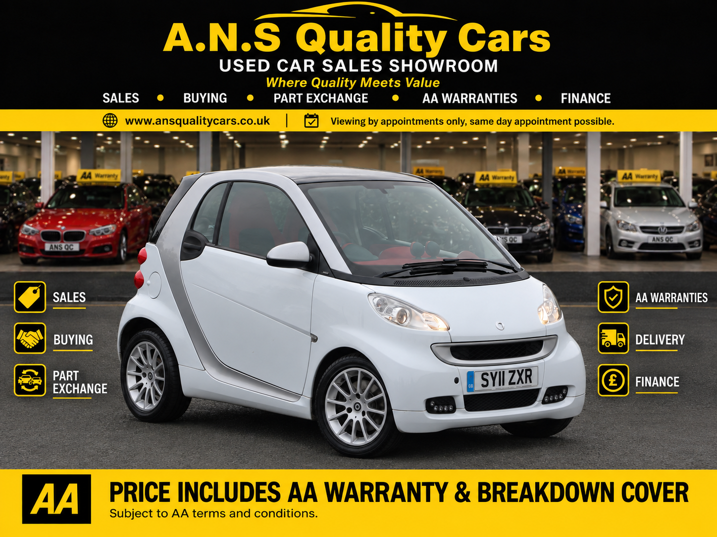 2011 Smart For Two 999cc Petrol Automatic Passion spec, 54k Mileage, White, AA Warranty